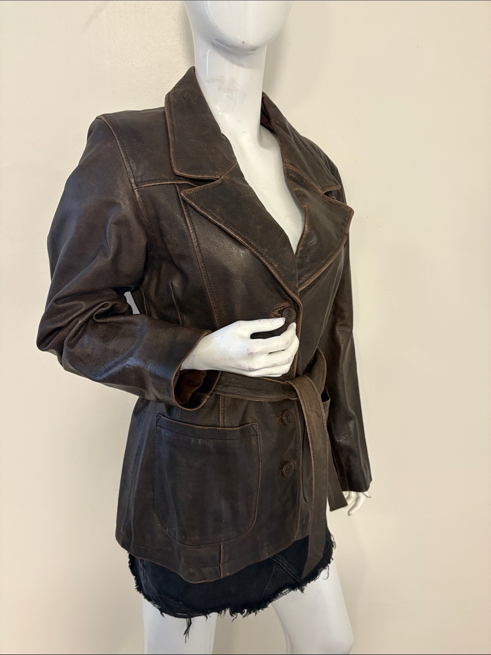 Vintage Wilson’s Leather Dark Brown Distressed Look Leather Belted Jacket - Picture 4 of 8